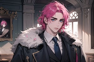 (((Fuchsia hair))), ((thick eyebrows)), ((Medium score)), To reveal the forehead, ((Split head)), ((messy hair)), ((wavy curly hair)), short hair, blue eyes, mature,1man, mature, handsome, angular jaw, thick neck, serious, ready for battle, jacket, upper body, male focus, uniform, (Morning Coat:1.3), long sleeve, by Raphael, masterpiece, upper body shot, magnificent indoor hall
