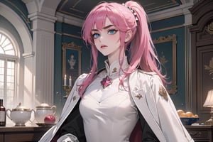 1 teen girl, solo, 1 teen girl, solo, ((Fuchsia hair)), (thick eyebrows), (small chest:1.1), bangs, long ponytail, blue eyes, ready for battle, wearing a (white Greatcoat)), long sleeve, by Raphael, masterpiece, upper body shot, magnificent indoor hall