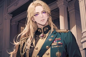 1 man, ((Goldenrod hair)), ((long straight hair)), (purple eyes), ((Medium score)), To reveal the forehead, handsome, angular jaw, thick neck, serious, royal, prince, upper body, male focus, (((military uniform:1.3))), long sleeve, by Raphael, masterpiece, upper body shot, magnificent indoor hall