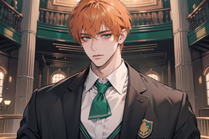 1 man, ((orange short curly hair)), (freckle), green eyes, handsome, angular jaw, thick neck, upper body, male focus, (((school uniform:1.3))), long sleeve, by Raphael, masterpiece, upper body shot, magnificent indoor hall