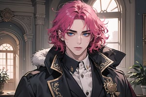 (((Fuchsia hair))), ((thick eyebrows)), ((Medium score)), To reveal the forehead, ((Split head)), ((messy hair)), ((wavy curly hair)), short hair, blue eyes, mature,1man, mature, handsome, angular jaw, thick neck, serious, ready for battle, jacket, upper body, male focus, uniform, (Morning Coat:1.3), long sleeve, by Raphael, masterpiece, upper body shot, magnificent indoor hall
