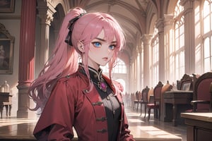 1 teen girl, solo, 1 teen girl, solo, ((Fuchsia hair)), (thick eyebrows), (small chest:1.1), (bangs), long ponytail, blue eyes, ready for battle, wearing a (red Greatcoat)), long sleeve, by Raphael, masterpiece, upper body shot, magnificent indoor hall