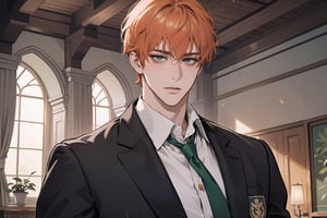 1 man, ((orange short curly hair)), (freckle), green eyes, handsome, angular jaw, thick neck, ((shy)), royal, prince, upper body, male focus, (((school uniform:1.3))), long sleeve, by Raphael, masterpiece, upper body shot, magnificent indoor hall