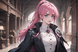 1 teen girl, solo, 1 teen girl, solo, ((Fuchsia hair)), (thick eyebrows), (small chest:1.1), bangs, long ponytail, blue eyes, ready for battle, wearing a (black Greatcoat)), long sleeve, by Raphael, masterpiece, upper body shot, magnificent indoor hall