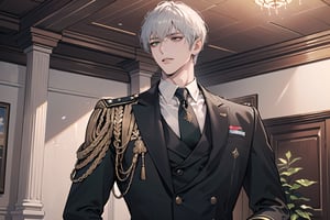 1 man, solo, ((white short hair)), ((side-parting bangs)), green eyes, mature, ((thin:1.5)), (((slim figure:1.5))), (((narrow shoulders:1.5))), side-parting bangs, handsome, angular jaw, thick neck, military, soldier, army, (Slim-fit Suit:1.1), long sleeve, by Raphael, masterpiece, upper body shot, magnificent indoor hall