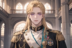 1 man, ((Goldenrod hair)), ((long straight hair)), (purple eyes), ((Medium score)), To reveal the forehead, handsome, angular jaw, thick neck, serious, royal, prince, upper body, male focus, (((military uniform:1.3))), long sleeve, by Raphael, masterpiece, upper body shot, magnificent indoor hall