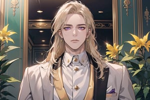 1man, mature, ((Goldenrod hair)), ((long coli hair)), (((half-down))), (purple eyes), mature, ((Medium score)), To reveal the forehead, handsome, angular jaw, thick neck, serious, ready for battle, royal, prince, upper body, male focus, (((White Three-piece Suit:1.3))), long sleeve, by Raphael, masterpiece, upper body shot, magnificent indoor hall