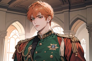 1 man, ((orange short curly hair)), (freckle), green eyes, handsome, angular jaw, thick neck, serious, royal, prince, upper body, male focus, (((simple military uniform:1.3))), long sleeve, by Raphael, masterpiece, upper body shot, magnificent indoor hall