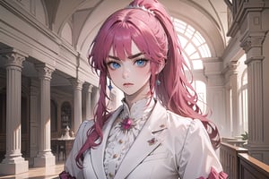 1 teen girl, solo, 1 teen girl, solo, ((Fuchsia hair)), (thick eyebrows), (small chest:1.1), (bangs), ((long ponytail)), blue eyes, mad, wearing a (white suit)), short sleeve, by Raphael, masterpiece, upper body shot, magnificent indoor hall