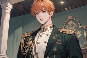 1 man, ((orange short curly hair)), (freckle), green eyes, handsome, angular jaw, thick neck, serious, royal, prince, upper body, male focus, (((simple military uniform:1.3))), long sleeve, by Raphael, masterpiece, upper body shot, magnificent indoor hall