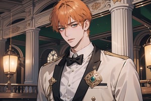 1 man, ((orange short curly hair)), (freckle), green eyes, handsome, angular jaw, thick neck, shy, royal, prince, upper body, male focus, (((school uniform:1.3))), long sleeve, by Raphael, masterpiece, upper body shot, magnificent indoor hall