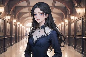 1 teen girl, solo, ((Black hair)), center parthair, straight long hair, blue eyes, evil smile, Red Bows, wearing a ((navy Romanticism dress)), long sleeve, black lace, by Raphael, masterpiece, upper body shot, magnificent indoor hall