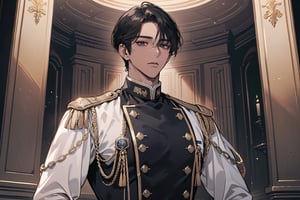 1 man, solo, ((black short hair)), (((dark skin:1.5))), (((center-parting bangs:1.5))), black eyes, mature, ((thin:1.5)), (((slim figure:1.5))), (((narrow shoulders:1.5))), handsome, angular jaw, thick neck, military, soldier, army, (military uniform:1.3), long sleeve, by Raphael, masterpiece, upper body shot, magnificent indoor hall