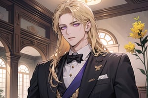 1man, mature, ((Goldenrod hair)), ((long coli hair)), (((half-down))), ((purple eyes)), mature, ((Medium score)), To reveal the forehead, handsome, angular jaw, thick neck, serious, ready for battle, royal, prince, upper body, male focus, (Three-piece Suit:1.3), long sleeve, by Raphael, masterpiece, upper body shot, magnificent indoor hall