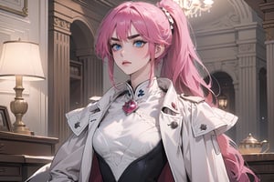 1 teen girl, solo, 1 teen girl, solo, ((Fuchsia hair)), (thick eyebrows), (small chest:1.1), bangs, long ponytail, blue eyes, ready for battle, wearing a (white Greatcoat)), long sleeve, by Raphael, masterpiece, upper body shot, magnificent indoor hall