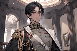 1 man, solo, ((black very short hair)), (((dark skin:1.5))), (((center-parting bangs:1.5))), black eyes, mature, ((thin:1.5)), (((slim figure:1.5))), (((narrow shoulders:1.5))), handsome, angular jaw, thick neck, military, soldier, army, (military uniform:1.3), long sleeve, by Raphael, masterpiece, upper body shot, magnificent indoor hall