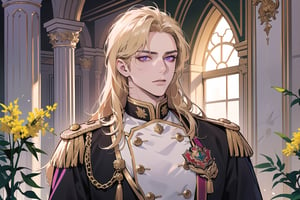 1man, mature, ((Goldenrod hair)), ((long coli hair)), (((half-down))), ((purple eyes)), mature, ((Medium score)), To reveal the forehead, handsome, angular jaw, thick neck, serious, ready for battle, royal, prince, upper body, male focus, (milatary uniform:1.3), long sleeve, by Raphael, masterpiece, upper body shot, magnificent indoor hall