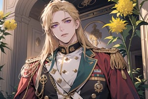 1 man, ((Goldenrod hair)), ((long straight hair)), (purple eyes), ((Medium score)), To reveal the forehead, handsome, angular jaw, thick neck, serious, royal, prince, upper body, male focus, (((military uniform:1.3))), long sleeve, by Raphael, masterpiece, upper body shot, magnificent indoor hall