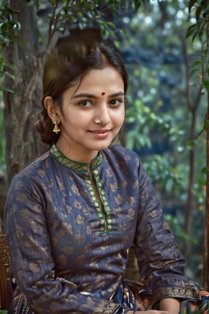 Indian beauty in a serene setting. A stunning young woman sits in a cozy room surrounded by lush green trees and a deep blue sky with dark clouds (Badal). She wears a traditional salwar suit, her dress perfectly adorned with intricate details. Her face radiates a gentle smile, accentuated by her adorable dimples. The camera captures her in a soft focus, with the background subtly blurred to emphasize her captivating features. The overall atmosphere is tranquil and inviting, as if the viewer has stumbled upon a hidden gem.