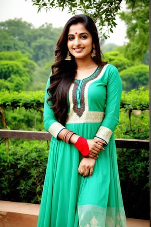The Indian realistic woman the dress of girl salwar suit and room poss the background of a green trees and sky black Badal and so realistic woman the 8k hd quality pic and so beautiful cute young face and smile of girls the hair of girls a Punjabi hairstyle on so realistic on  women 
