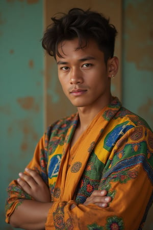 handsome malay, a Latino teenage male, stands confidently in a full-body portrait, his figure sharply defined against a softly blurred background. The vibrant colors of the Brazil traditional cloth he wears pop against the subtle tones of the scene. Soft, natural light illuminates every pore, whisker, and freckle on his face, capturing his unique features with precision.