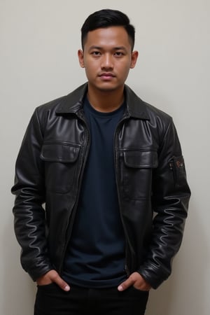 Silverjow style,Bara,Muscle ,Photogenic  Syahnk ,lelaki melayu,looking at viewer, short hair, simple background, brown hair, shirt, black hair, jacket, male focus, multiple boys, dark skin, 2boys, lips, dark-skinned male, 3boys, realistic, hands in pockets, leather, leather jacket,