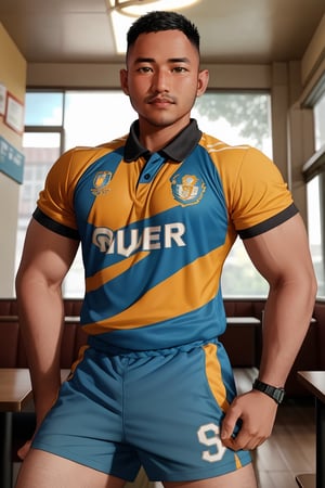 syahnk as  muscular Ryder, a rugged individual with  facial hair and short hair, sits proudly at the pub, surrounded by the warm glow of golden lighting. His rugby shirt and shorts are perfectly rendered in exquisite detail, as if seen through a high-definition lens. Faded team mates mingle softly in the background, their faces blurred to emphasize Ryder's central presence. The matte finish enhances the overall realism, inviting viewers to step into this epic scene.,jaeggernawt,photorealistic