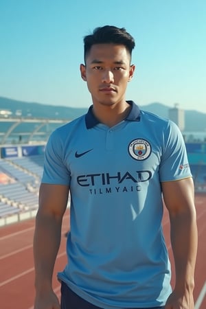 A Silverjow-inspired portrait of a chiseled bara handsome malay man Syahnk young man, showcasing his toned physique by wearing Manchester City football jersey. The shot frames him from the waist up, . He stands confidently on the stadium, his short hair ruffled by the ocean breeze. His bright pupils seem to sparkle with a hint of mischief, as he flexes his impressive muscles. The raw, unfiltered lighting accentuates his tanned  skin, giving him a rugged, athletic appearance. The composition is simple yet effective, drawing the viewer's attention directly to the subject's physique.,Silverjow style,