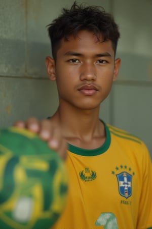 A Latino teenage male, Syahnk, stands in a full-body portrait, expertly framed against a softly blurred background. He wears a vibrant Brazil jersey, his face lit by soft, natural light that highlights every pore, whisker, and freckle. His eyes are intense as he kicks the ball with precision and power, his facial structure defined by subtle shadows. The camera's focus remains on Syahnk's face, showcasing intricate details in extreme close-up. In the background, the texture of the grass beneath his feet is visible, while the stitching on the jersey and seams of the ball are rendered in stunning high-quality detail, as if plucked directly from real life.