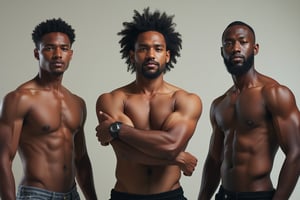 Photo of  3 person in left,middle and right, the middle is where Syahnk and muscular man getting merged each other and form new person , left side is Syahnk, right side is African Syahnk, and the middle is merged version from left and right side of image 