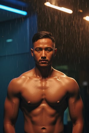 A photorealistic 8k RAW photo capturing a full-body, muscular man with a handsome face and tan skin, sporting short black hair. He wears a white shirt, standing under a streetlamp with rain pouring down, neon lights reflecting off his wet skin. His hair and face are drenched, with soaked clothes clinging to his body. The scene is a masterpiece, ultra-detailed, with sharp focus on his big pectorals and the intricate wet details. High contrast lighting highlights his tan skin and the dramatic setting.,Syahnk 