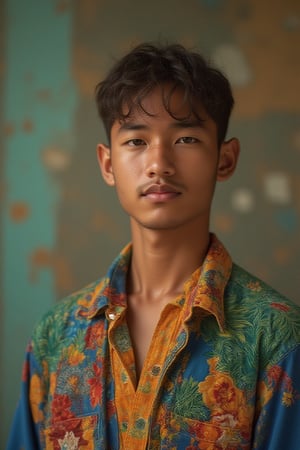 Syahnk, a Latino teenage male, stands confidently in a full-body portrait, his figure sharply defined against a softly blurred background. The vibrant colors of the Brazil traditional cloth he wears pop against the subtle tones of the scene. Soft, natural light illuminates every pore, whisker, and freckle on his face, capturing his unique features with precision.