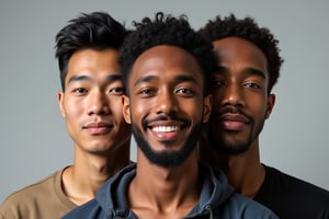 Photo of  3 person in left,middle and right, the middle is where left and right person getting merged each other and form new person , left side is Asian  male, right side is African male , and the middle is merged version from left and right side of image , facing camera