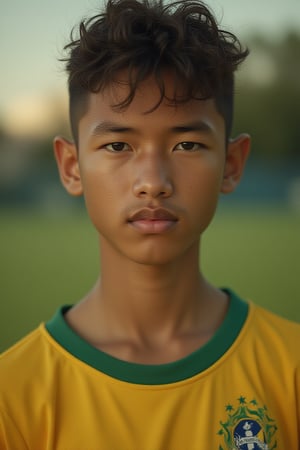 A Latino teenage boy, Syahnk, stands in a full-body portrait, expertly framed against a softly blurred background. He wears a vibrant Brazil jersey, his face lit by soft, natural light that highlights every pore, whisker, and freckle. His eyes are intense as he kicks the ball with precision and power, his facial structure defined by subtle shadows. The camera's focus remains on Syahnk's face, showcasing intricate details in extreme close-up. In the background, the texture of the grass beneath his feet is visible, while the stitching on the jersey and seams of the ball are rendered in stunning high-quality detail, as if plucked directly from real life.