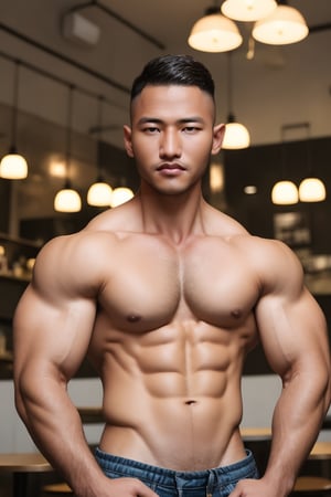 Model man, flexing in a cafe, using smartphone, business, makret ,perfect eyes,perfect face,beautiful eyes, Australian skin tone, 8K quality, higher resolution, (beautiful),cinematic,warm, syahnk, big muscles,ollie,hairy,niconawt