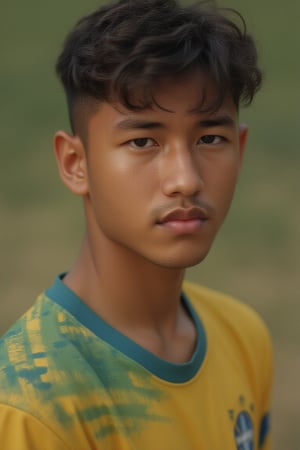 A Latino teenage boy, Syahnk, stands in a half-body portrait, expertly framed against a softly blurred background. He wears a vibrant Brazil jersey, his face lit by soft, natural light that highlights every pore, whisker, and freckle. His eyes are intense as he kicks the ball with precision and power, his facial structure defined by subtle shadows. The camera's focus remains on Syahnk's face, showcasing intricate details in extreme close-up. In the background, the texture of the grass beneath his feet is visible, while the stitching on the jersey and seams of the ball are rendered in stunning high-quality detail, as if plucked directly from real life.