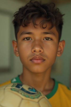 A Latino teenage boy, Syahnk, stands in a half-body portrait, expertly framed against a softly blurred background. He wears a vibrant Brazil jersey, his face lit by soft, natural light that highlights every pore, whisker, and freckle. His eyes are intense as he kicks the ball with precision and power, his facial structure defined by subtle shadows. The camera's focus remains on Syahnk's face, showcasing intricate details in extreme close-up. In the background, the texture of the grass beneath his feet is visible, while the stitching on the jersey and seams of the ball are rendered in stunning high-quality detail, as if plucked directly from real life.