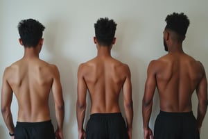 Photo of  3 person in left,middle and right, the middle is where Syahnk and muscular man getting merged each other and form new person , left side is Asian  Syahnk, right side is African Syahnk, and the middle is merged version from left and right side of image 