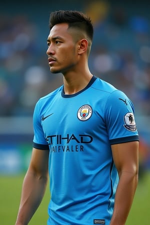 Sport wallpaper profile photo of players photography,
Syahnk as A handsome  Malay male ,  he is football athlete wearing Manchester city jersey, the shot is half body shot . He has bodybuilder muscle Shot through Canon EF 100-400mm f/4.5 lens with Kodak Pro 400H film, emphasizing textures and depth,fluxbodybuilder