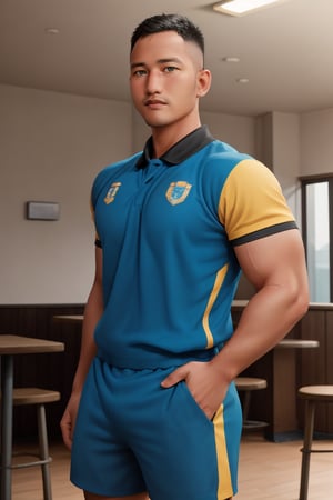 syahnk as  muscular Ryder, a rugged individual with  facial hair and short hair, sits proudly at the pub, surrounded by the warm glow of golden lighting. His rugby shirt and shorts are perfectly rendered in exquisite detail, as if seen through a high-definition lens. Faded team mates mingle softly in the background, their faces blurred to emphasize Ryder's central presence. The matte finish enhances the overall realism, inviting viewers to step into this epic scene.,jaeggernawt,photorealistic