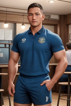 syahnk as  muscular Ryder, a rugged individual with  facial hair and short hair, sits proudly at the pub, surrounded by the warm glow of golden lighting. His rugby shirt and shorts are perfectly rendered in exquisite detail, as if seen through a high-definition lens. Faded team mates mingle softly in the background, their faces blurred to emphasize Ryder's central presence. The matte finish enhances the overall realism, inviting viewers to step into this epic scene.,jaeggernawt,photorealistic