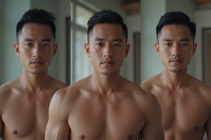 Photo of  3 person in left,middle and right, the middle is where Syahnk and muscular man getting merged each other and form new person , left side is Syahnk, right side is muscular man, and the middle is merged version from left and right side of image 