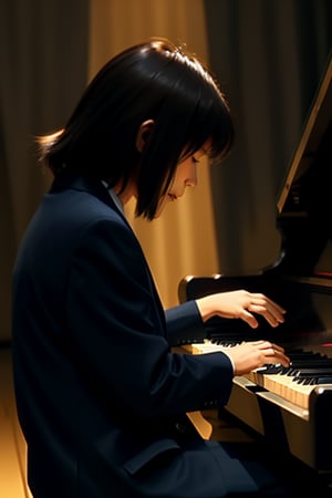 A close-up shot of a musician intensely focused on playing the piano, hands gracefully moving over the keys. The lighting is soft and warm, casting a gentle glow on the piano and the musician's face. The composition is centered, with the piano keys and musician's hands prominently featured. The background is slightly blurred, drawing attention to the musician's expression and the fluid motion of their fingers.