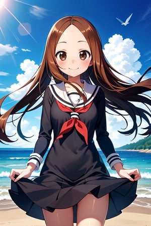 blush,building, standing, cowboy shot, smile, beach, straight-on,floating hair,long hair,happy,aatakagi, long hair, ribbon,sky,cloud,bird,