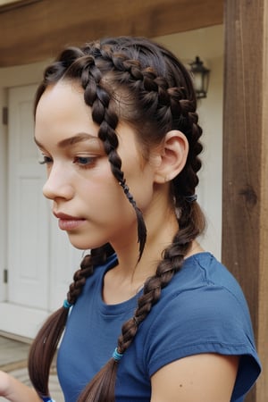 blue strings mixed in to the braids, twintails, boxer braid, twin braid