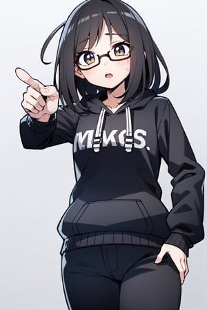 "1 girl, :O, black medium long hair with bangs, glasses, 18 years old, chubby, brown eyes, no background, wearing an oversized hoodie with a snow rabbit illustration. Medium hair, pointing to left, pajame pants, vtuber style, anime, illustration."