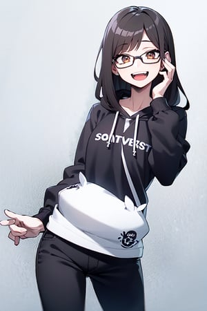 "1 girl, :D, challenging pose, black medium long hair with bangs, glasses, 18 years old, chubby, brown eyes, no background, wearing an oversized hoodie with a snow rabbit illustration, pajam pants, vtuber style, anime, illustration."