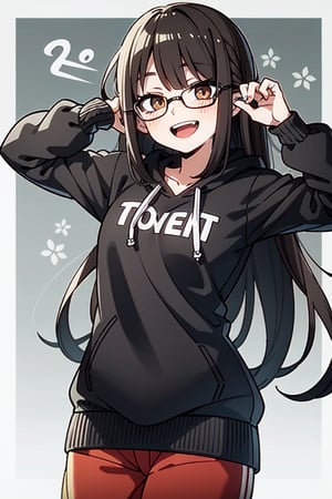 "1 girl, :D, challenging pose, black medium long hair with bangs, glasses, 18 years old, chubby, brown eyes, no background, wearing an oversized hoodie with a snow rabbit illustration, pajam pants, vtuber style, anime, illustration."