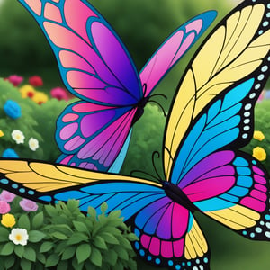 A serene garden scene with a butterfly delicately landing on a blooming shrub. The shrub is vibrant with colorful flowers, and the butterfly's wings are intricately patterned. The lighting is soft and natural, highlighting the textures and colors. The composition focuses on the interaction between the butterfly and the shrub, with a gentle background blur to emphasize the subject.