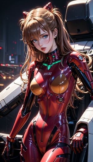 Asuka Langley a spaceship pilot in a latex suit with robotic limbs, laying down in a pod, in a cyberpunk setting, cyborg, implants, high details, realistic, photorealism, 8k,souryuuasukalangley